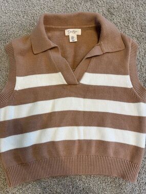 Jessica Simpson Brown and Cream Striped V-Neck Sweater Vest